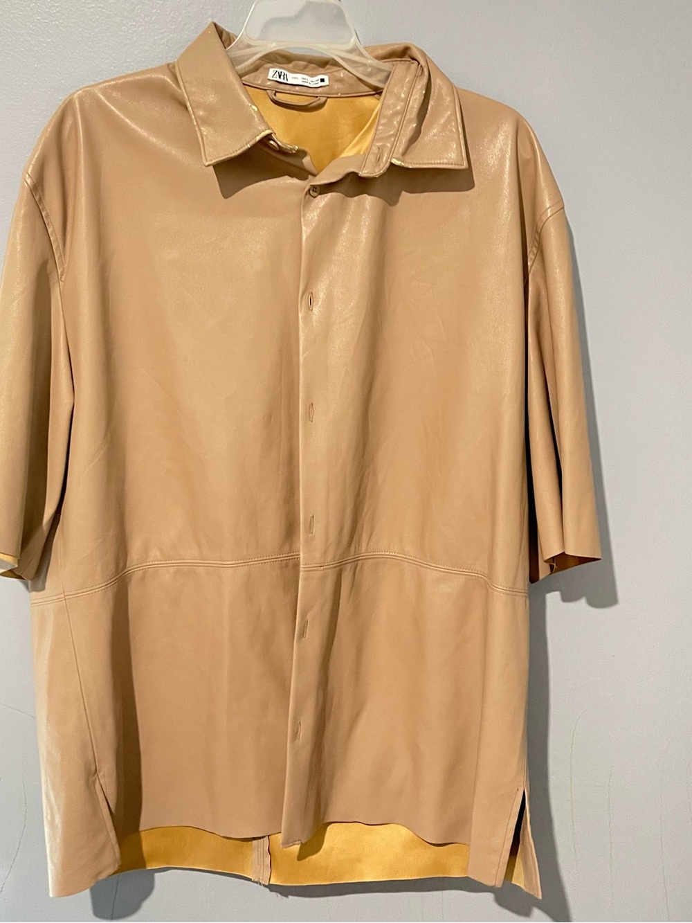 Zara Tan Short-Sleeve Faux Leather Shirt Large